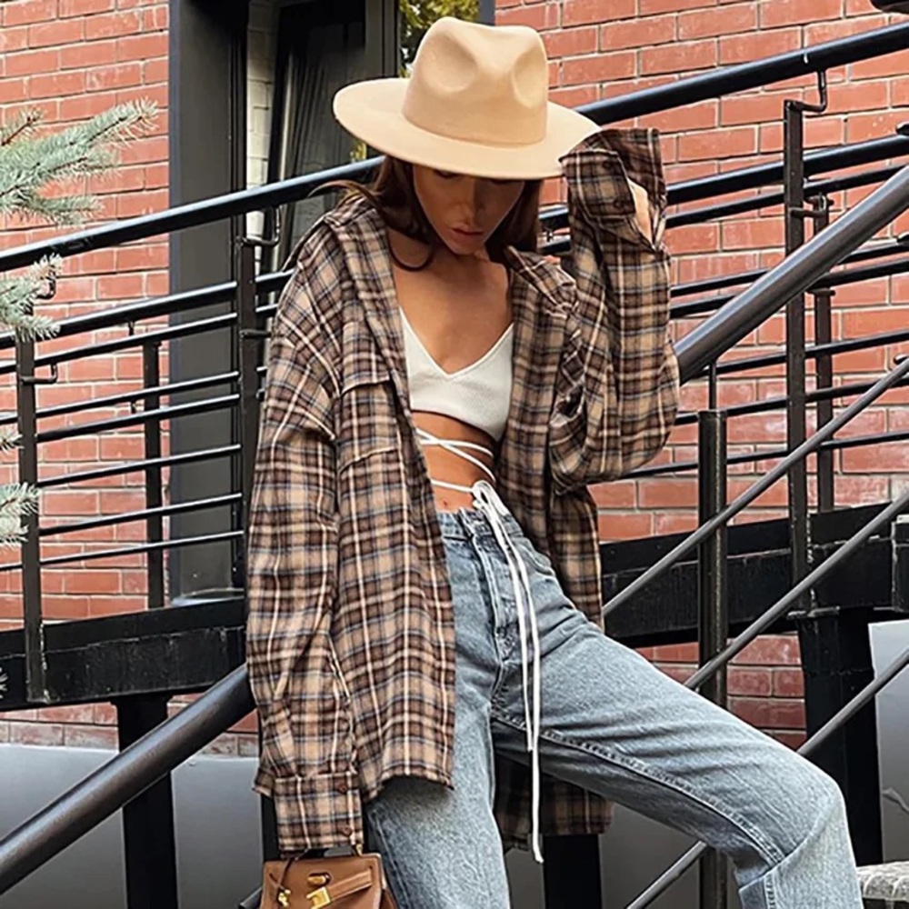 #5 LAST 1! 90s Oversized brown Plaid Flannel button Influencer soft long sleeve - Picture 6 of 9